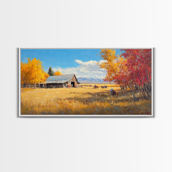 Group Of Horseback Riders In Autumn Field, Rustic Fall Scene Wall Art, Country Farmhouse Framed Canvas Print, Cozy Harvest Time Art