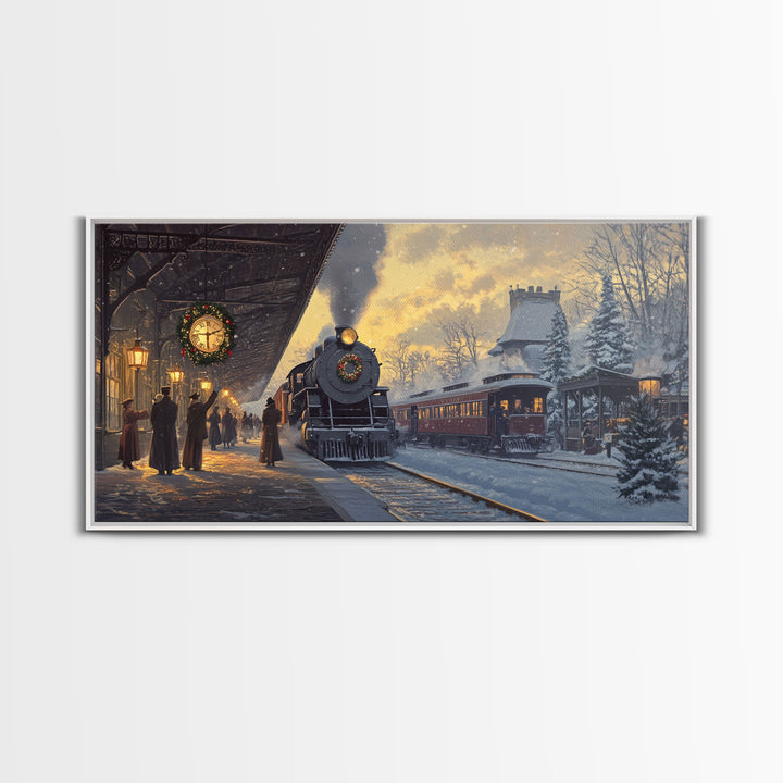 Christmas Train Station Framed Canvas Print, Snowy Train Scene Art, Vintage Christmas Decor, Holiday Wall Art, Best Christmas Gift