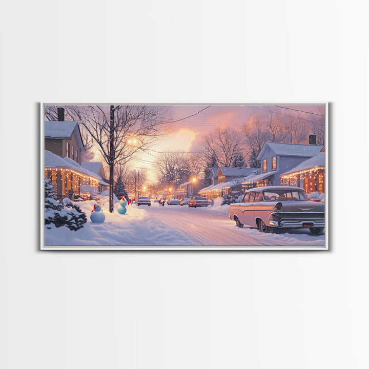 Snowy Neighborhood Evening Framed Canvas Print, Winter Wonderland Scene Art, Christmas Home Decor, Vintage Christmas Art, Holiday Wall Art