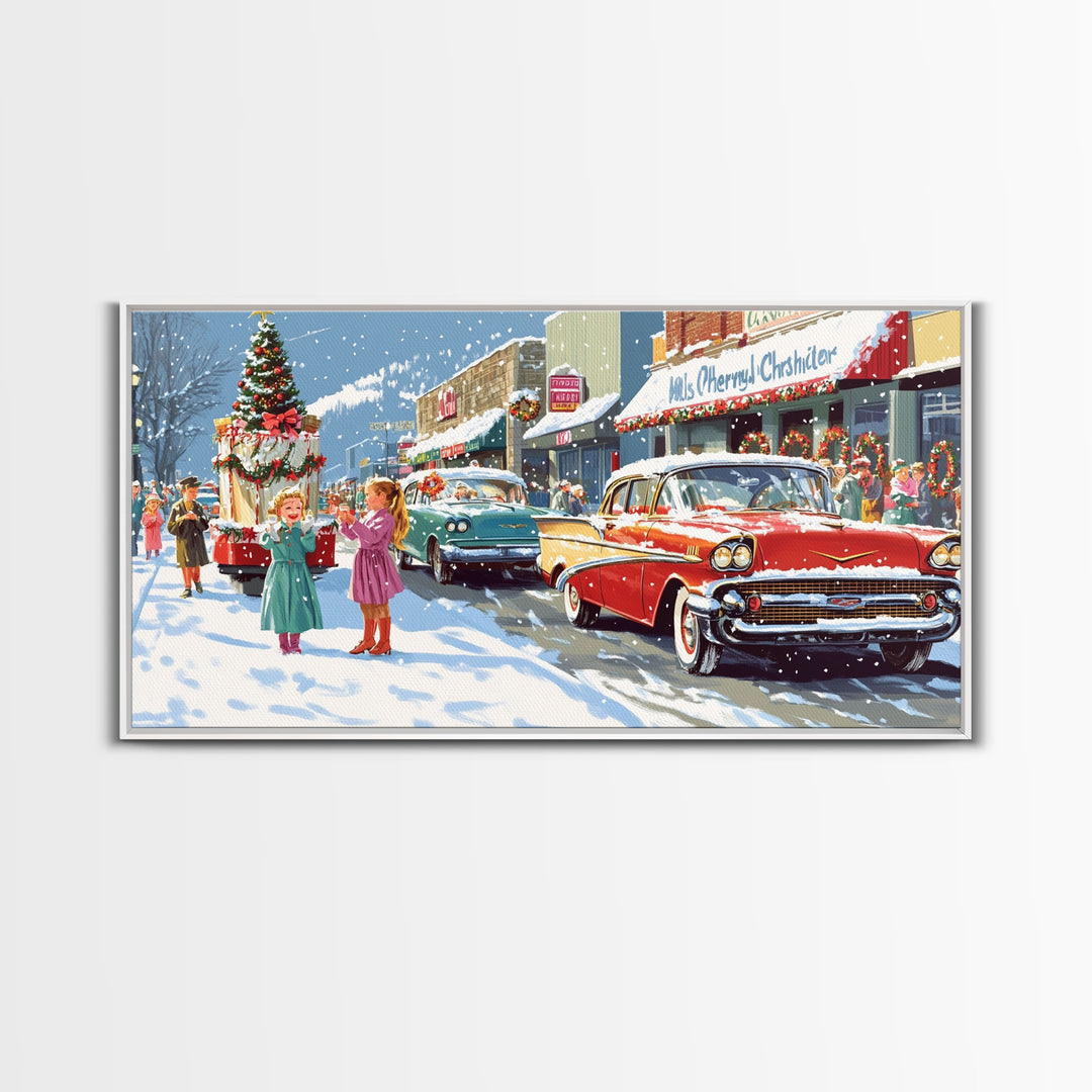 Christmas Parade Street Framed Canvas Print, Vintage Holiday Decor, Retro Christmas Scene Art, Best Gift Christmas Decor, Holiday Wall Art