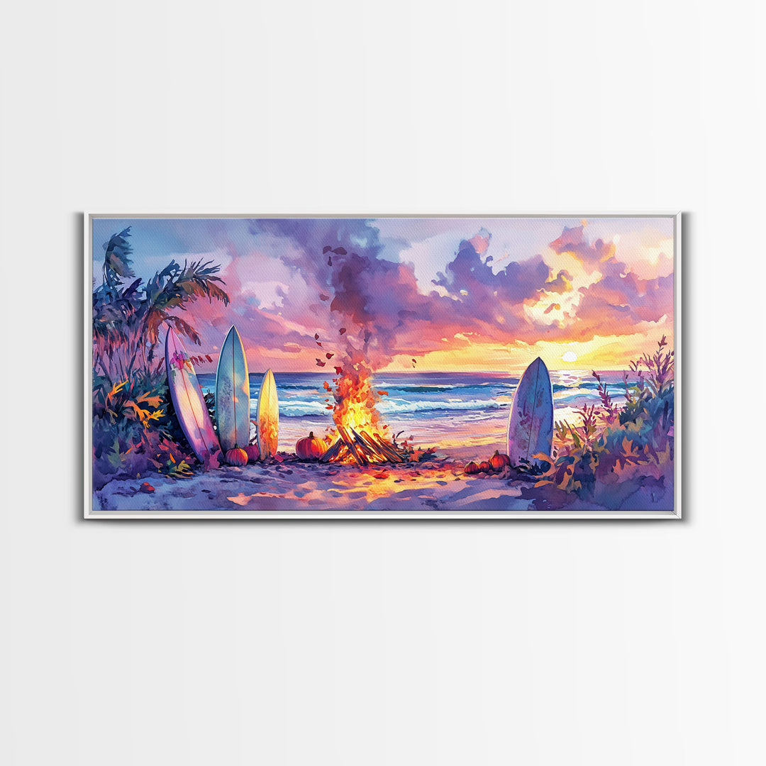 Surfboards And Bonfire At Sunset With Pumpkins, Tropical Beach Christmas Wall Art, Coastal Holiday Framed Canvas Print