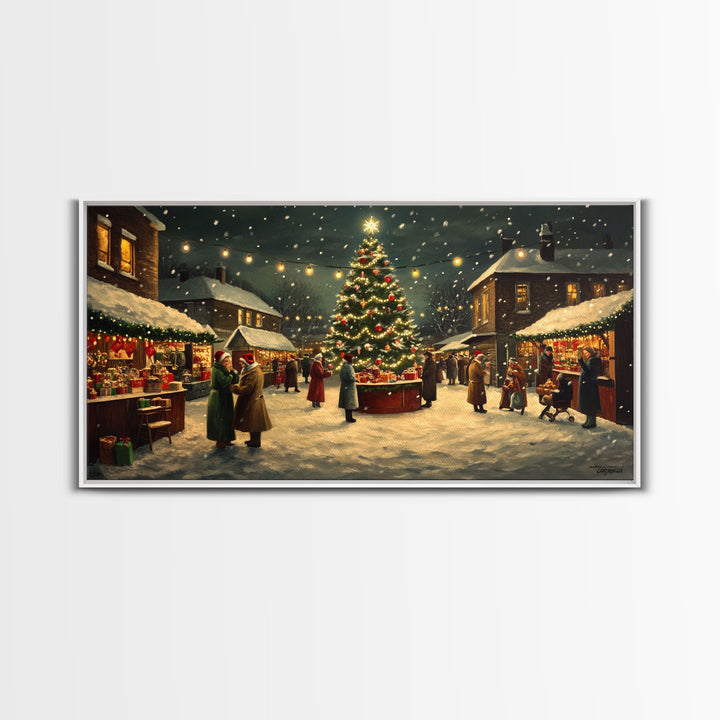 Vintage Christmas Village Market Scene Framed Canvas Print - Perfect Retro Christmas Wall Art and Vintage Christmas Home Decor 2024