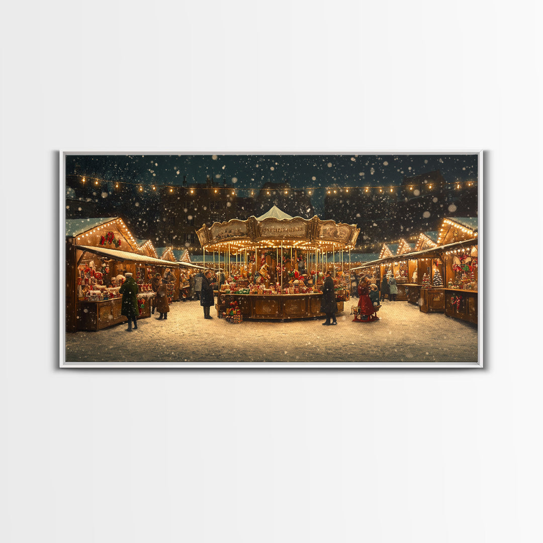 Retro Carousel Christmas Market Framed Canvas Print - Beautiful Vintage Christmas Decor and Holiday Wall Art with Christmas Scene