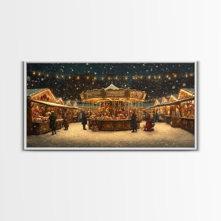 Retro Carousel Christmas Market Framed Canvas Print - Beautiful Vintage Christmas Decor and Holiday Wall Art with Christmas Scene