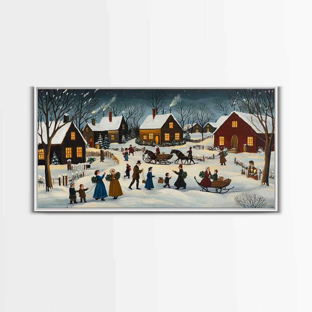Colonial Village Christmas Scene Framed Canvas Print - Charming Christmas Wall Art and Vintage Holiday Decor 2024 Christmas Gift