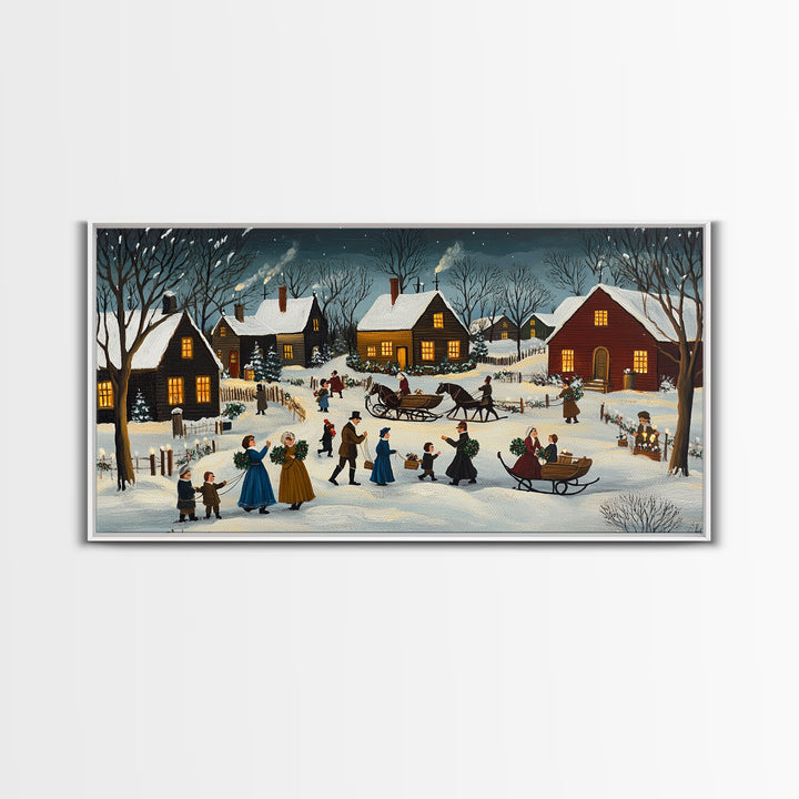 Colonial Village Christmas Scene Framed Canvas Print - Charming Christmas Wall Art and Vintage Holiday Decor 2024 Christmas Gift