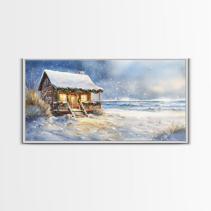 Coastal Winter Cottage Snowy Christmas Scene With Framed Canvas Print, Winter Wonderland Beach House Christmas Decor Wall Art