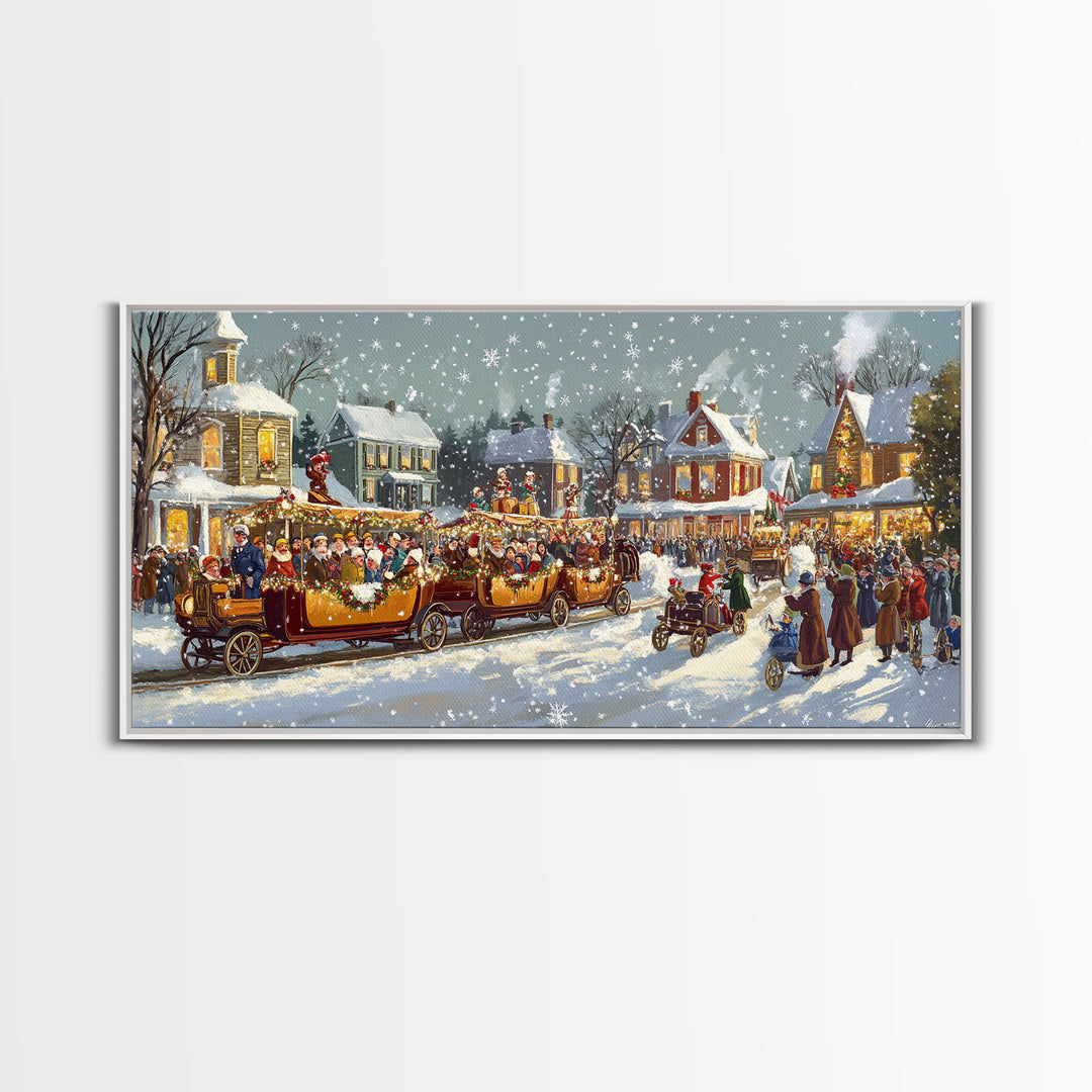 Vintage Christmas parade with decorated cars, 2024 Christmas scene art, framed canvas print, festive holiday art, Christmas wall art