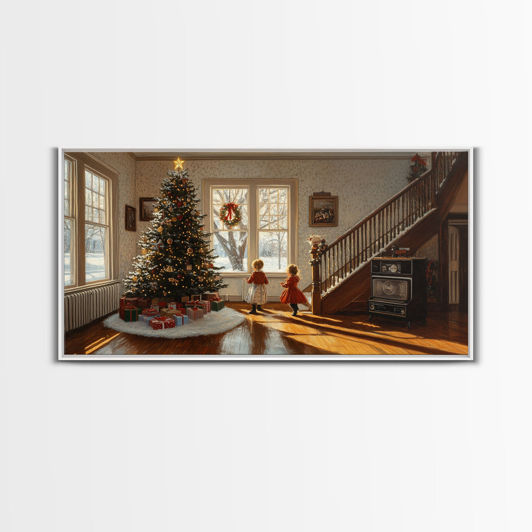Vintage Christmas scene with children by tree, rustic Christmas home decor, framed canvas print, Christmas art prints, 2024 holiday wall art