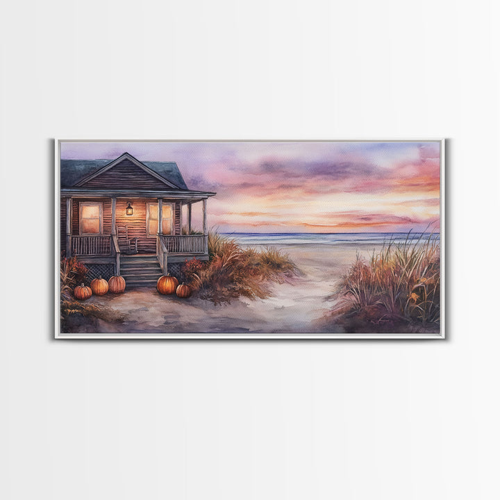 Rustic Beach Cottage Fall Scene Framed Canvas Print, Coastal Autumn Sunset Wall Art Ideal Autumn Gift, Seasonal Beach Decor
