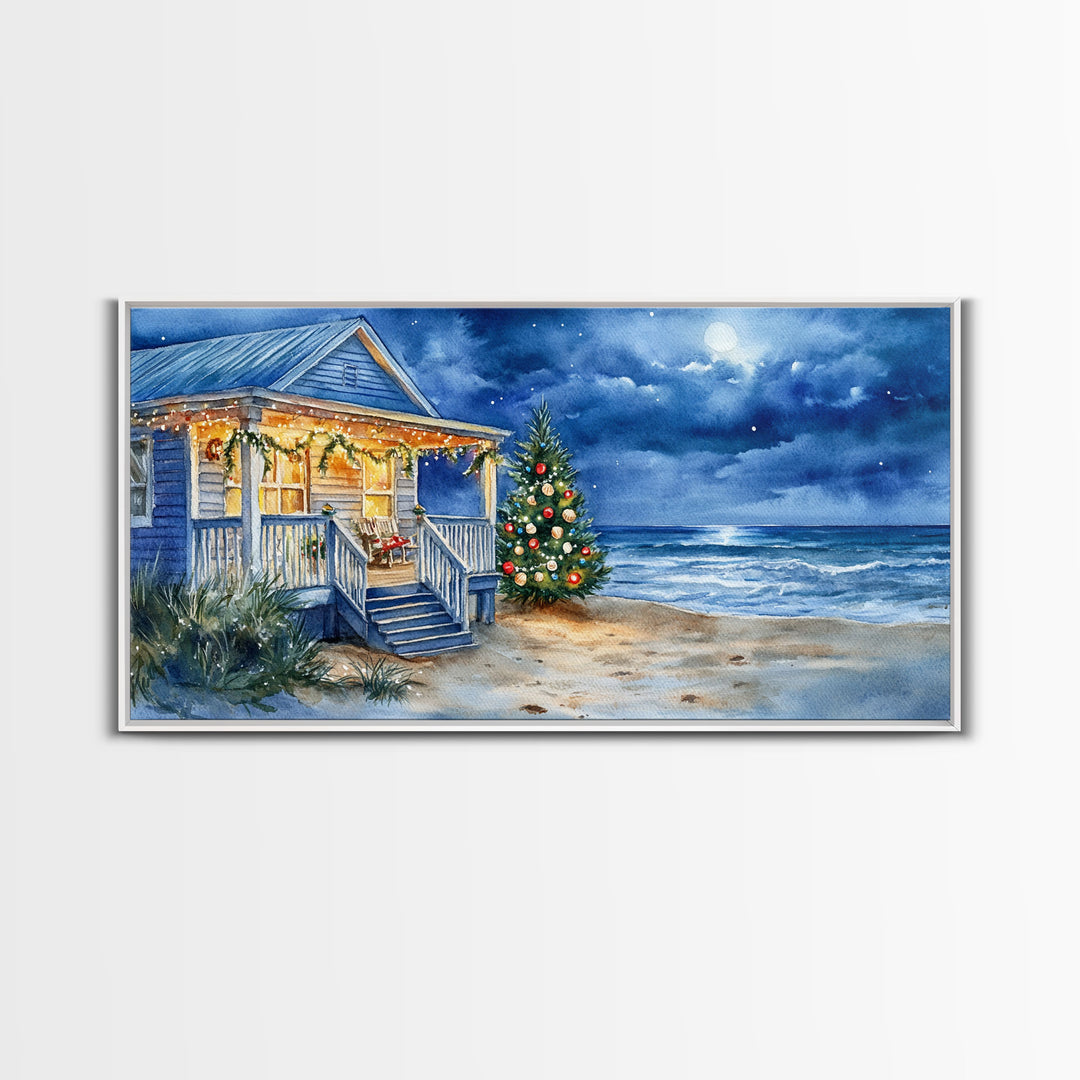 Cozy Christmas Cottage On Beach Scene With Framed Canvas Print, Winter Beach Home Christmas Tree Wall Art, Holiday Wall Decor
