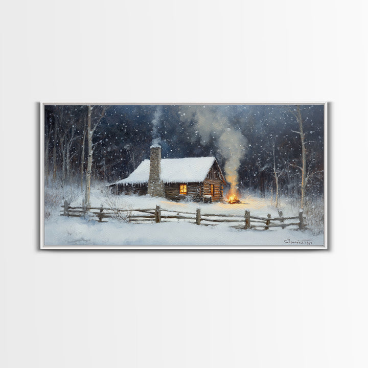 Rustic Cabin in Snow Framed Canvas Print, Cozy Winter Wonderland Art, Best Gift Idea for Christmas Wall Art, Vintage Holiday Decor