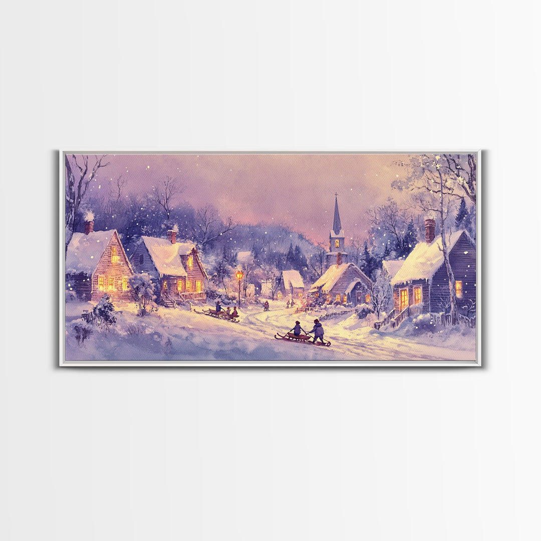 Serene Christmas Village Framed Canvas Print, Snowy Winter Landscape with Families Sledding in a Cozy Neighborhood Holiday Art