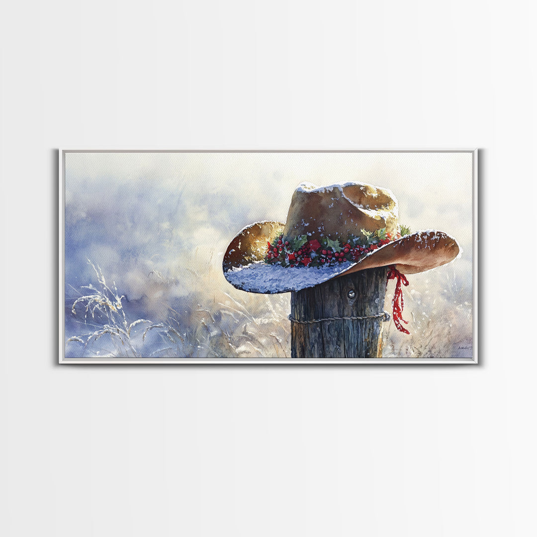 Rustic Cowboy Christmas Hat Framed Canvas Print, Snow-Covered Country Holiday Decor with Wreath on Fence Perfect Winter Art
