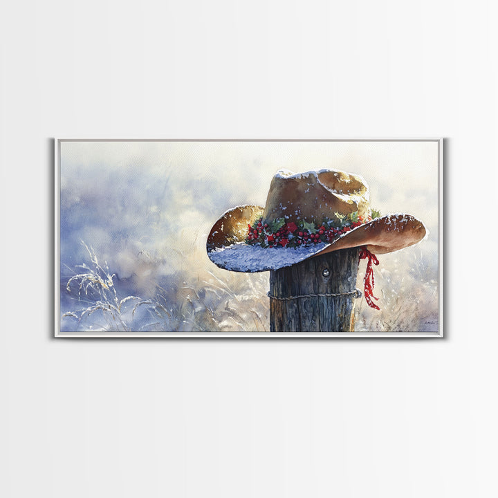 Rustic Cowboy Christmas Hat Framed Canvas Print, Snow-Covered Country Holiday Decor with Wreath on Fence Perfect Winter Art