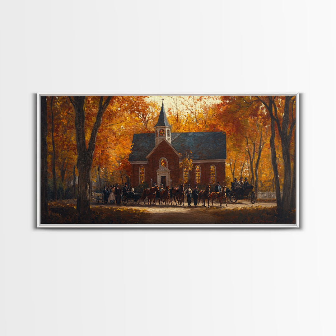 Beautiful Country Church in Autumn Scene Framed Canvas Print Fall Art, Rustic Autumn Church Scene, Vintage Wall Art Home Decor