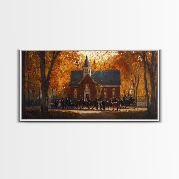Beautiful Country Church in Autumn Scene Framed Canvas Print Fall Art, Rustic Autumn Church Scene, Vintage Wall Art Home Decor