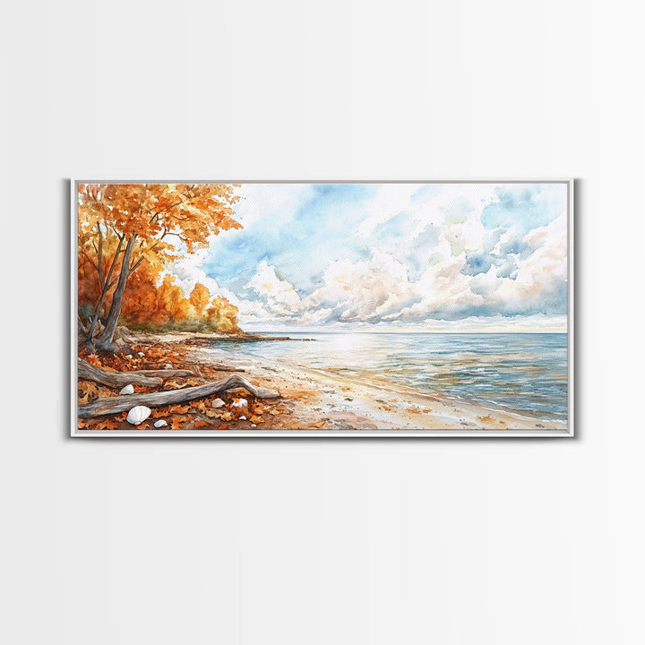 Autumn beach scene with colorful trees and calm waters, framed canvas print, perfect fall or autumn seasonal decor wall art