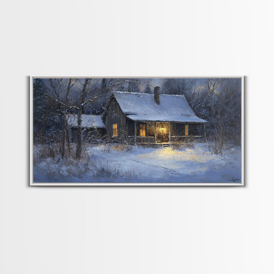 Cozy Winter Cabin Scene Framed Canvas Print with Snowy Landscape, Christmas Wall Art, Rustic Winter Scene, Vintage Seasonal Wall Decor