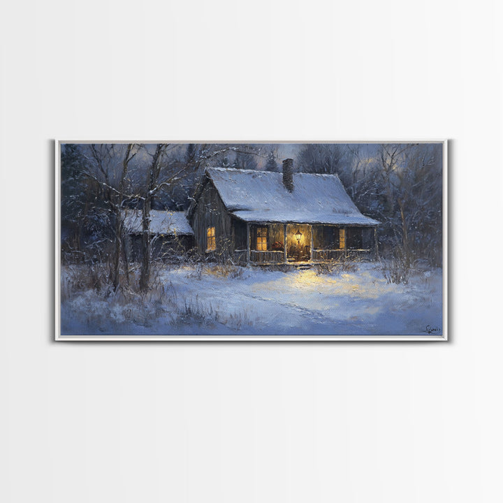 Cozy Winter Cabin Scene Framed Canvas Print with Snowy Landscape, Christmas Wall Art, Rustic Winter Scene, Vintage Seasonal Wall Decor