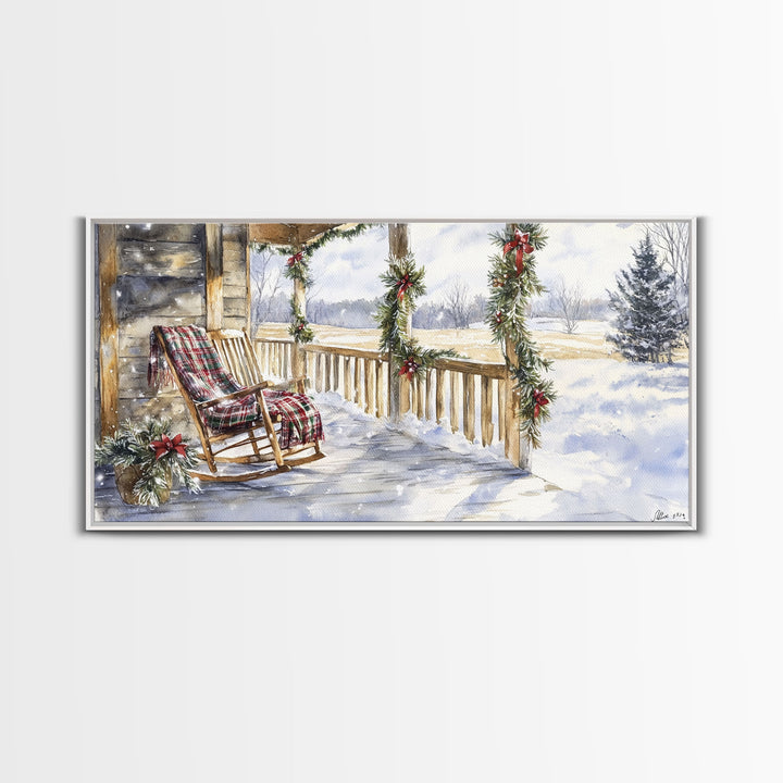 Snowy porch scene with wreaths and holiday greenery, framed canvas print, cozy winter Christmas decor perfect holiday wall display