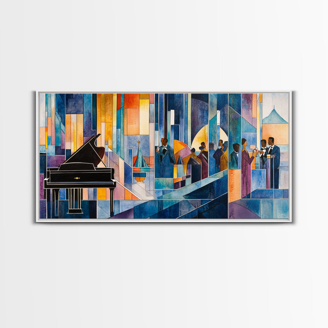 Abstract jazz party scene with grand piano, colorful stained glass aesthetic, framed canvas print ideal vibrant music wall art decor