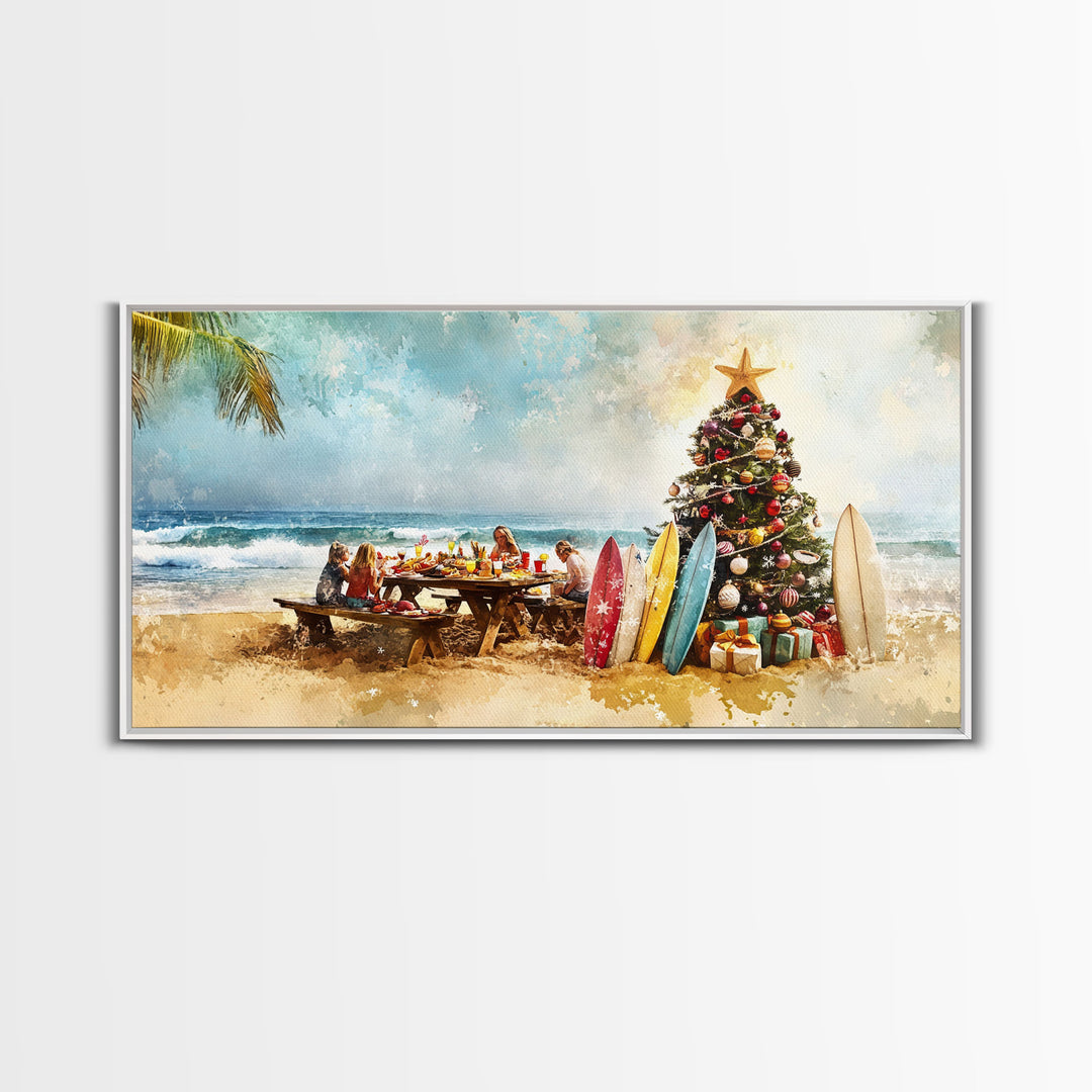Christmas family picnic by the beach with surfboards and tree, framed canvas print tropical coastal holiday beach Christmas decor