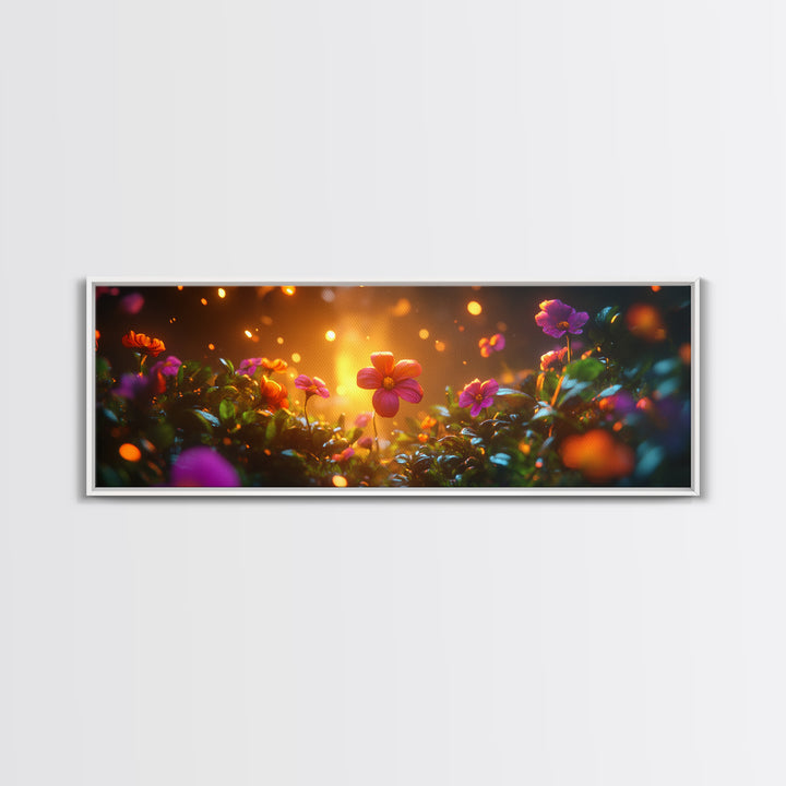 Beautiful 3D Rendered Flower Canvas Print, Wild Flowers In The Morning Dew at Sunset, Panoramic Extra Wide Wall Art