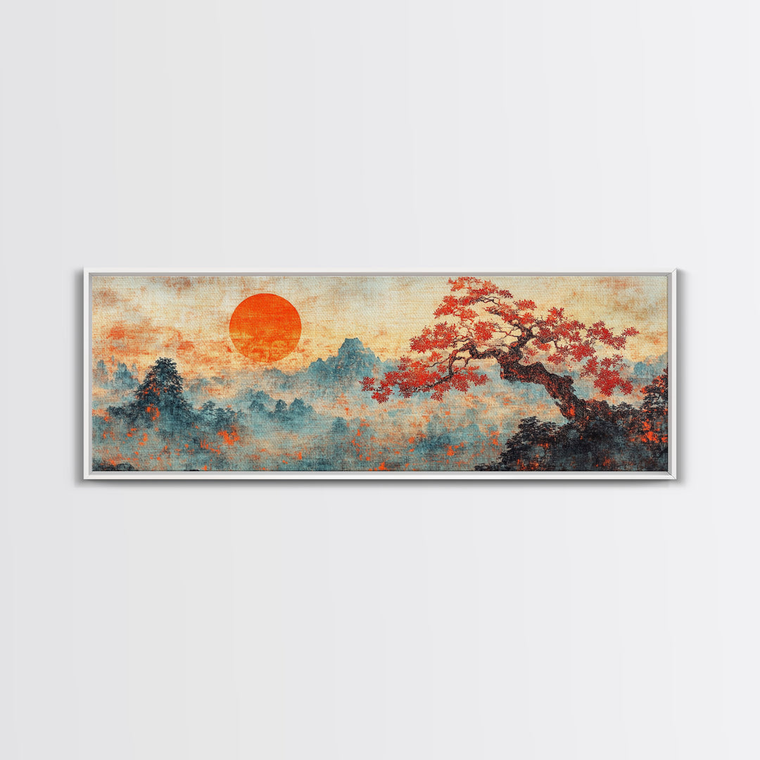 Maple Tree At Sunset With Red Leaves, Japanese Vintage Style Wall Art, Panoramic Painting Print, Woodblock Print, Boho Wall Decor