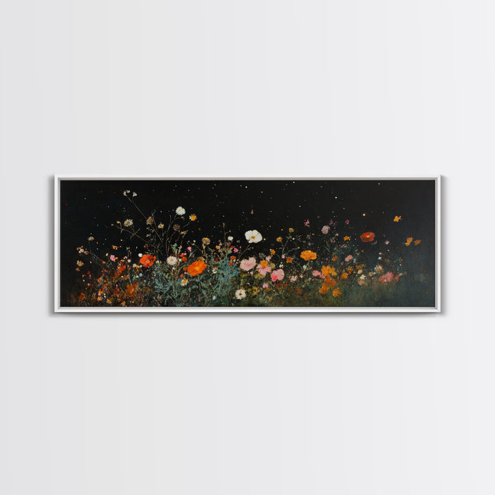 Dark & Moody Wild Flowers Under a Full Moon, Framed Canvas Print, Panoramic Extra Wide Wall Art, Oversized Home Decor