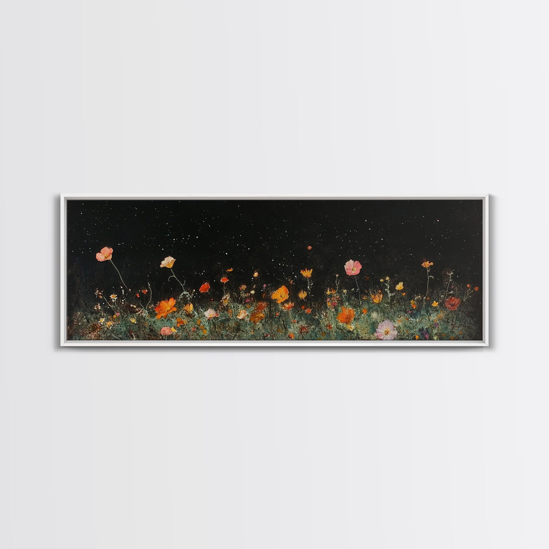Dark & Moody Wild Flowers Under a Full Moon, Framed Canvas Print, Panoramic Extra Wide Wall Art, Oversized Home Decor, Modern Farmhouse Art