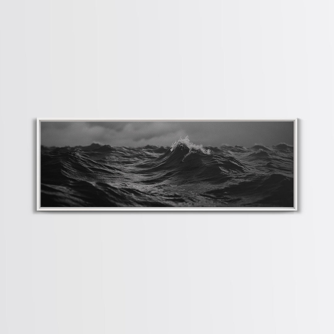 Black and White Ocean Photography Style Print, Panoramic Wall Art, Wood Framed Canvas Art, Seascapes, Nautical Decor