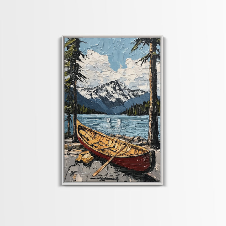 Canoe in the Mountains Framed Canvas Print, Abstract Pacific Northwest Oil Painting Print, Oregon or Washington Wall Art