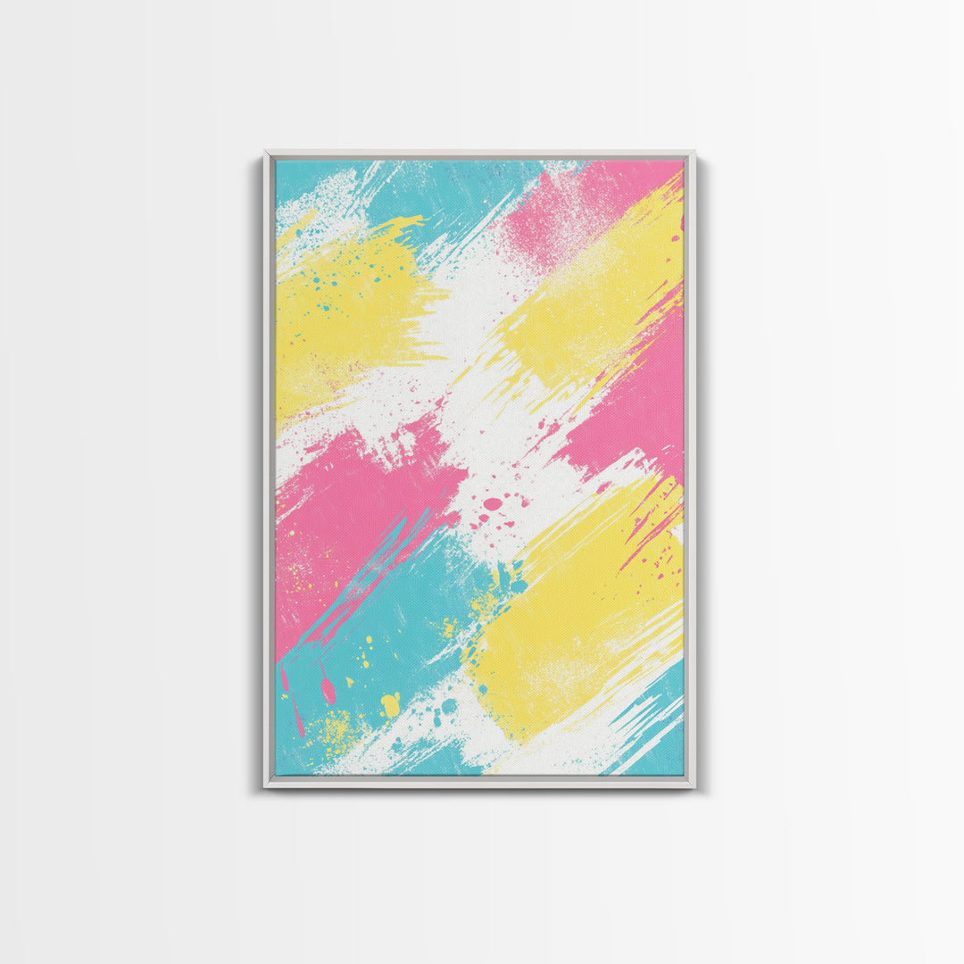 Brush Strokes On Canvas Print, Wood Framed Wall Art, Preppy Dorm Room Decor, Pink Turquoise and Yellow on White Background Wall Art