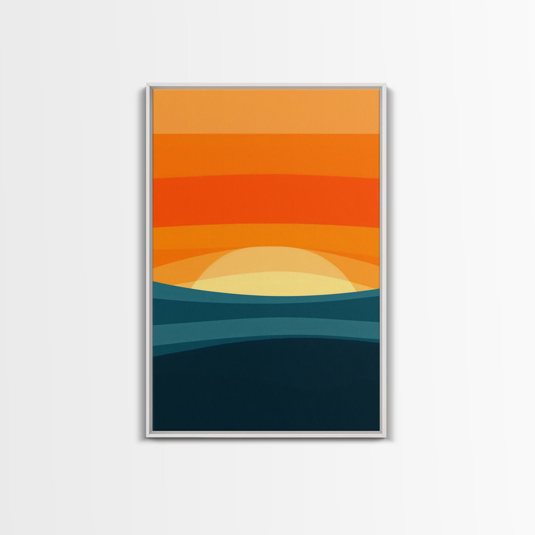 Art Deco Sunset Framed Canvas Print, MCM Style Wall Art Living Room Decor, Abstract Modern Art