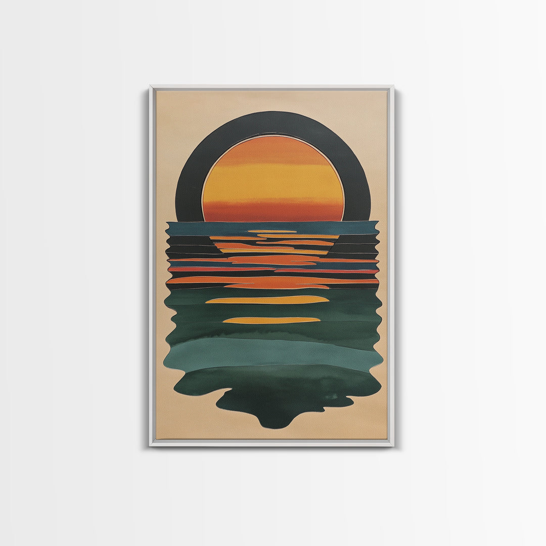Art Deco Sunset Over The Ocean, Minimalist Home Decor Canvas Print, Emerald Green Ocean With Sunrise, Boho Art
