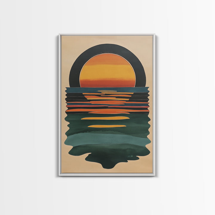 Art Deco Sunset Over The Ocean, Minimalist Home Decor Canvas Print, Emerald Green Ocean With Sunrise, Boho Art
