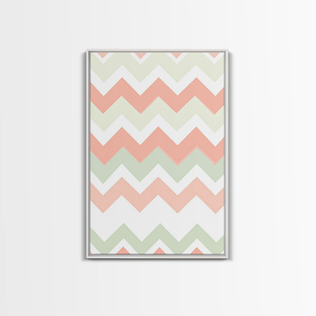 Pink and Mint Green Chevrons, MCM style Mid Century Modern Home Decor, Framed Canvas Print, Whimsical Wall Art