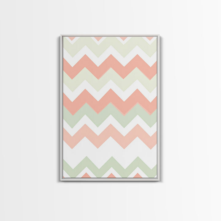 Pink and Mint Green Chevrons, MCM style Mid Century Modern Home Decor, Framed Canvas Print, Whimsical Wall Art