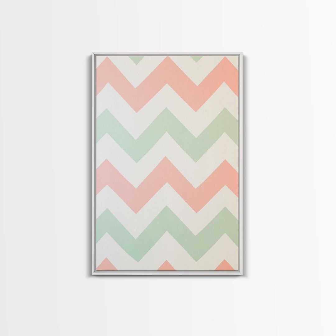 Mint Green and Pink Chevrons, MCM style Mid Century Modern Home Decor, Framed Canvas Print, Whimsical Wall Art