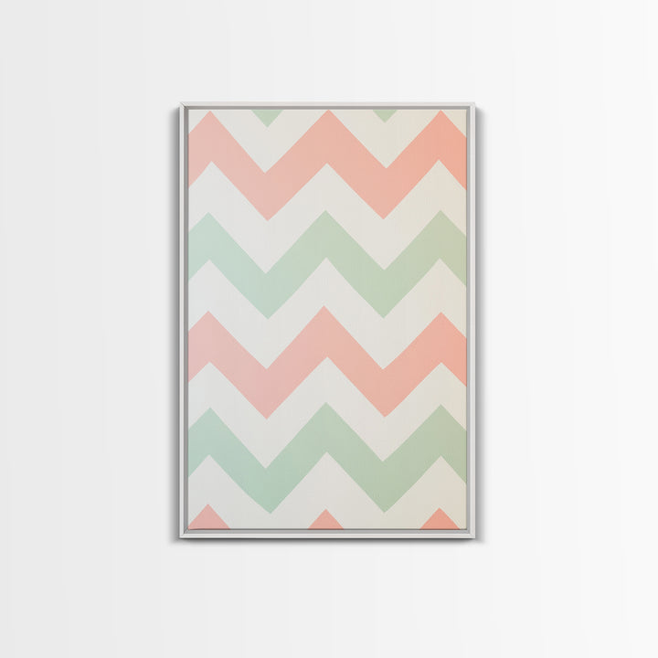 Mint Green and Pink Chevrons, MCM style Mid Century Modern Home Decor, Framed Canvas Print, Whimsical Wall Art