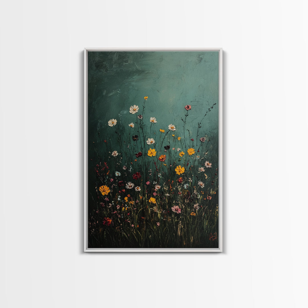 Dark & Moody Wild Flowers Print, Framed Canvas, Boho Decor, Wildflowers in a Rain Storm, Modern Farmhouse, Rustic Decor