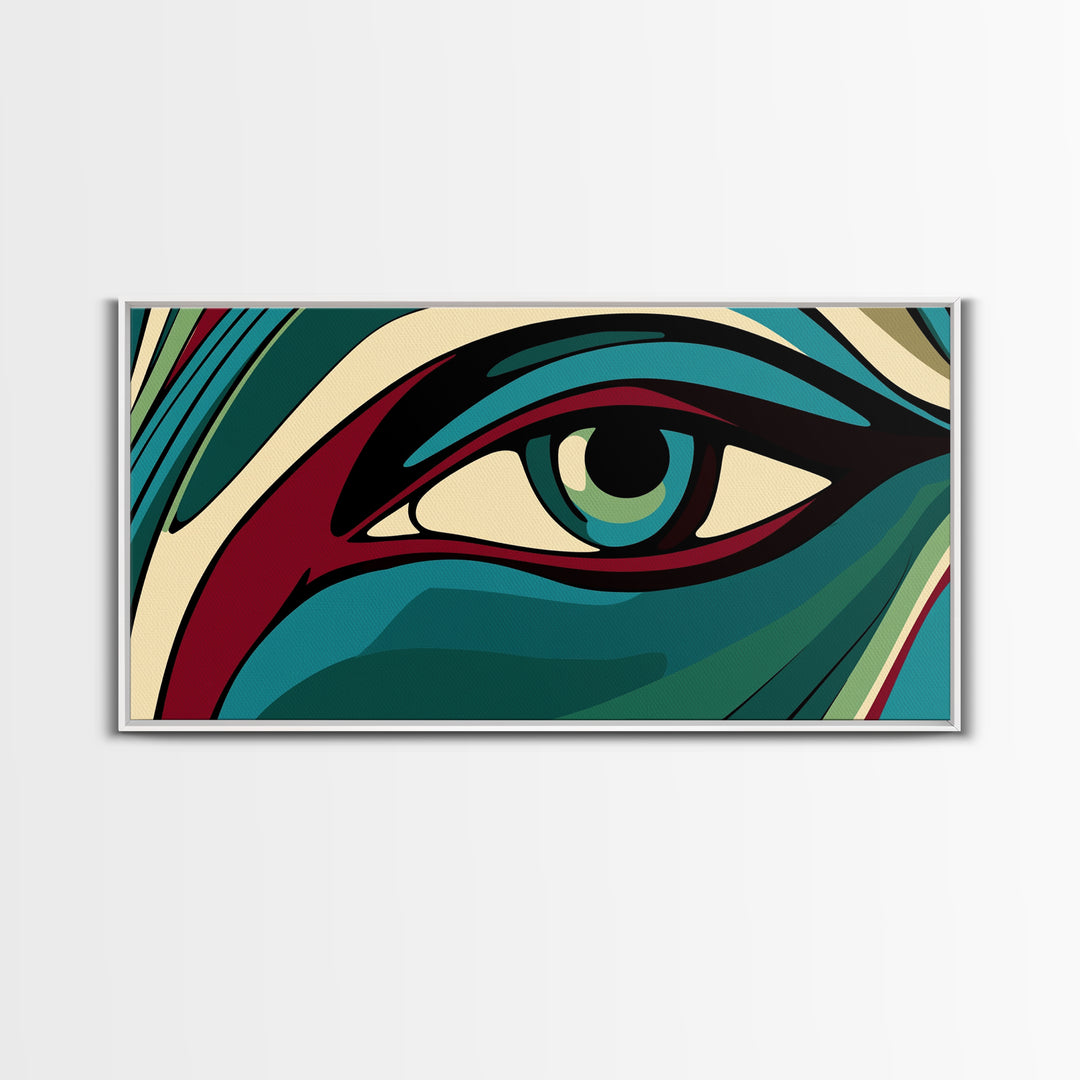 Abstract Painting of a Human Eye Framed Canvas Print, Retro Art Deco Style Art, Eclectic Decor, Kitsch Wall Art