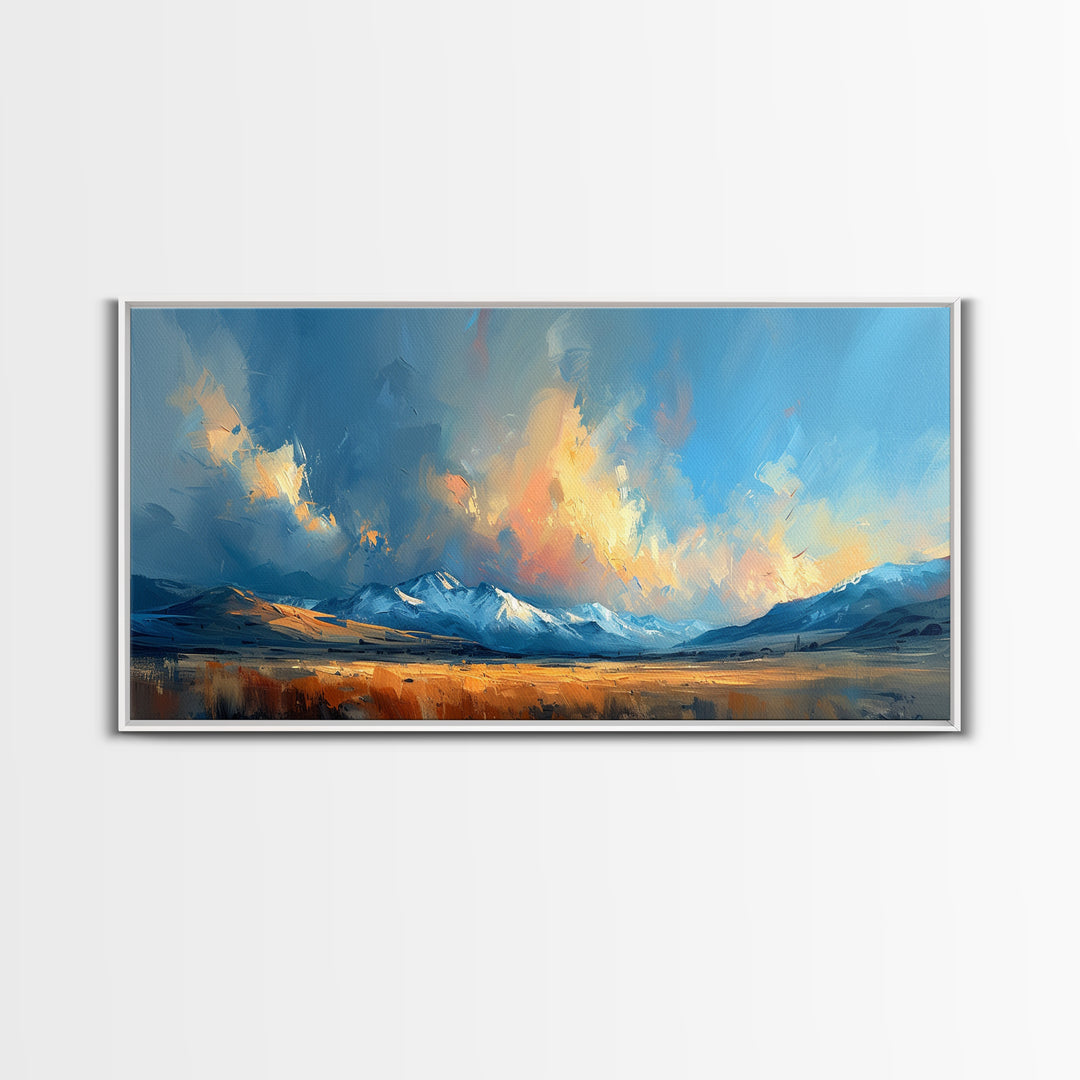 Panoramic Mountain Landscape Painting Print, Oil Painting Of Wyoming Mountains, Antique Style Art Print, Walnut Frame Art