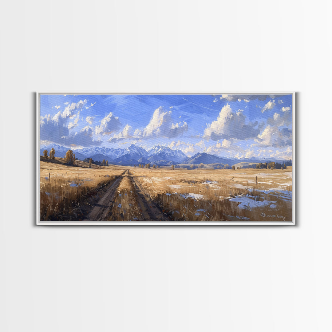 Dirt Roads of Wyoming Framed Canvas Print, Oil Painting Print, Panoramic Extra Wide Large Format Living Room Wall Decor
