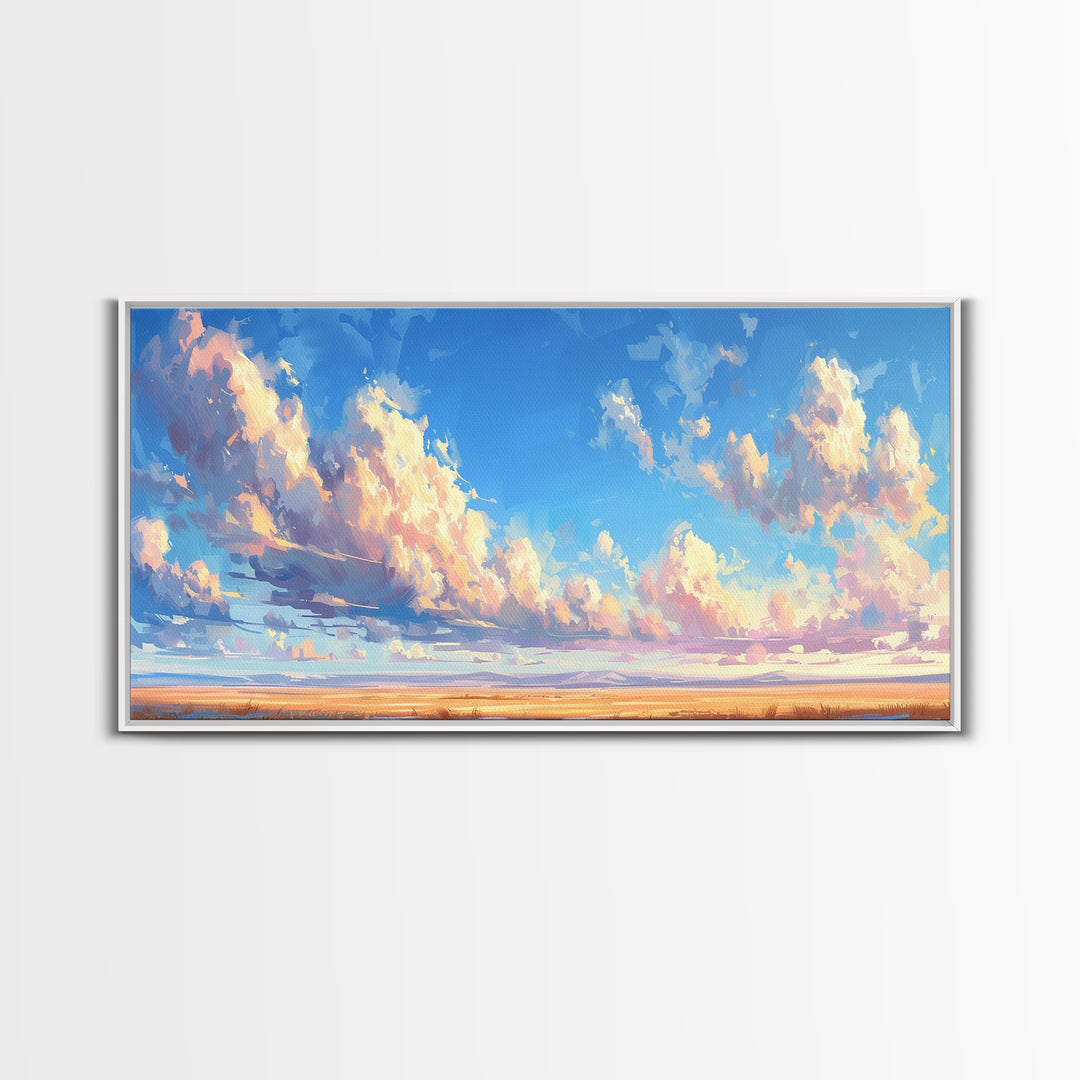 Panoramic Oil Painting Print of A Cloudy Sky Framed Canvas Print, Boho Minimalist Home Decor, Guest Room Wall Art