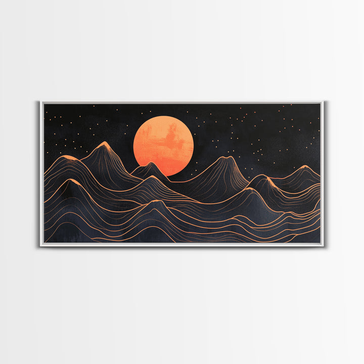 Art Deco Style Abstract Art, Orange Blood Moon Over Mountain Landscape, Retro Home Decor