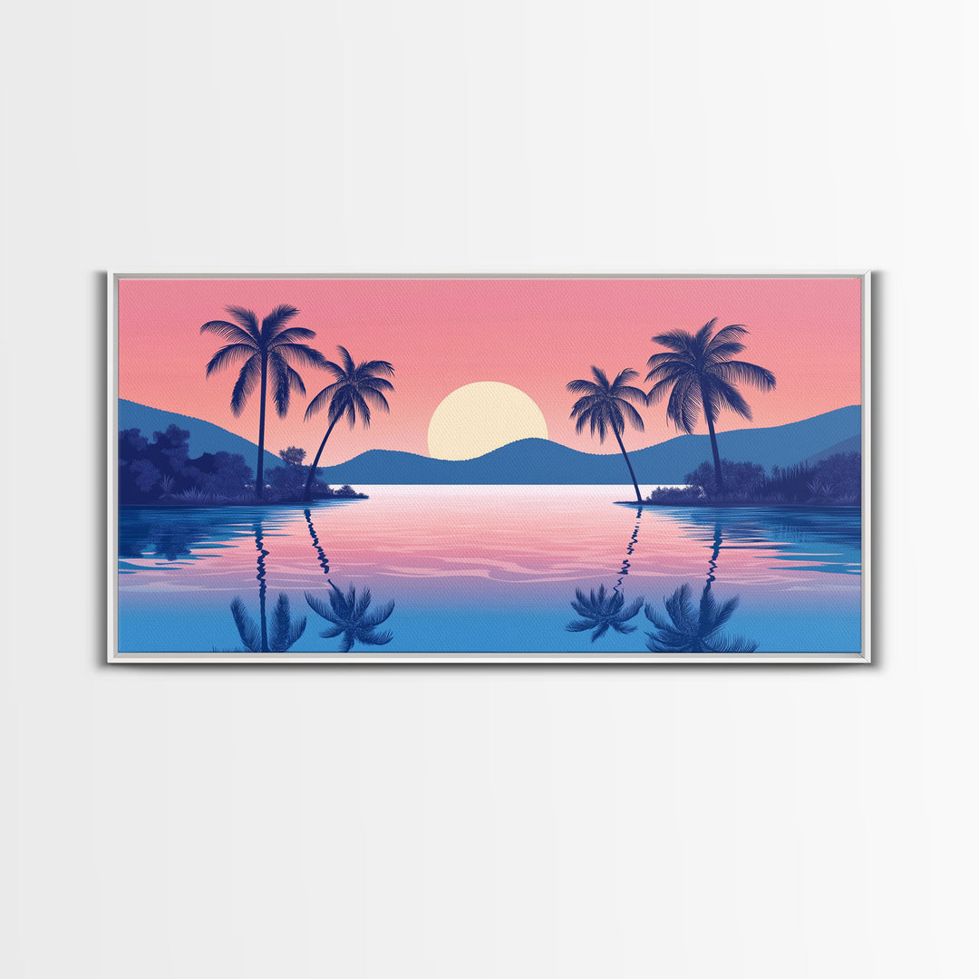 Abstract Vaporwave Sunset Over A Beach Landscape, Framed Canvas Print, Modern Art, Unique Wall Decor, Framed Canvas Art