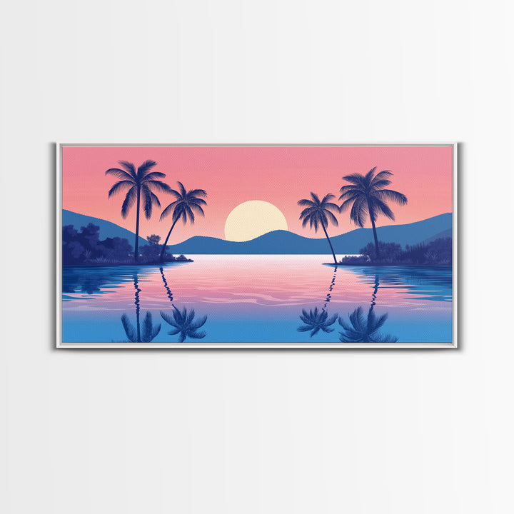 Abstract Vaporwave Sunset Over A Beach Landscape, Framed Canvas Print, Modern Art, Unique Wall Decor, Framed Canvas Art