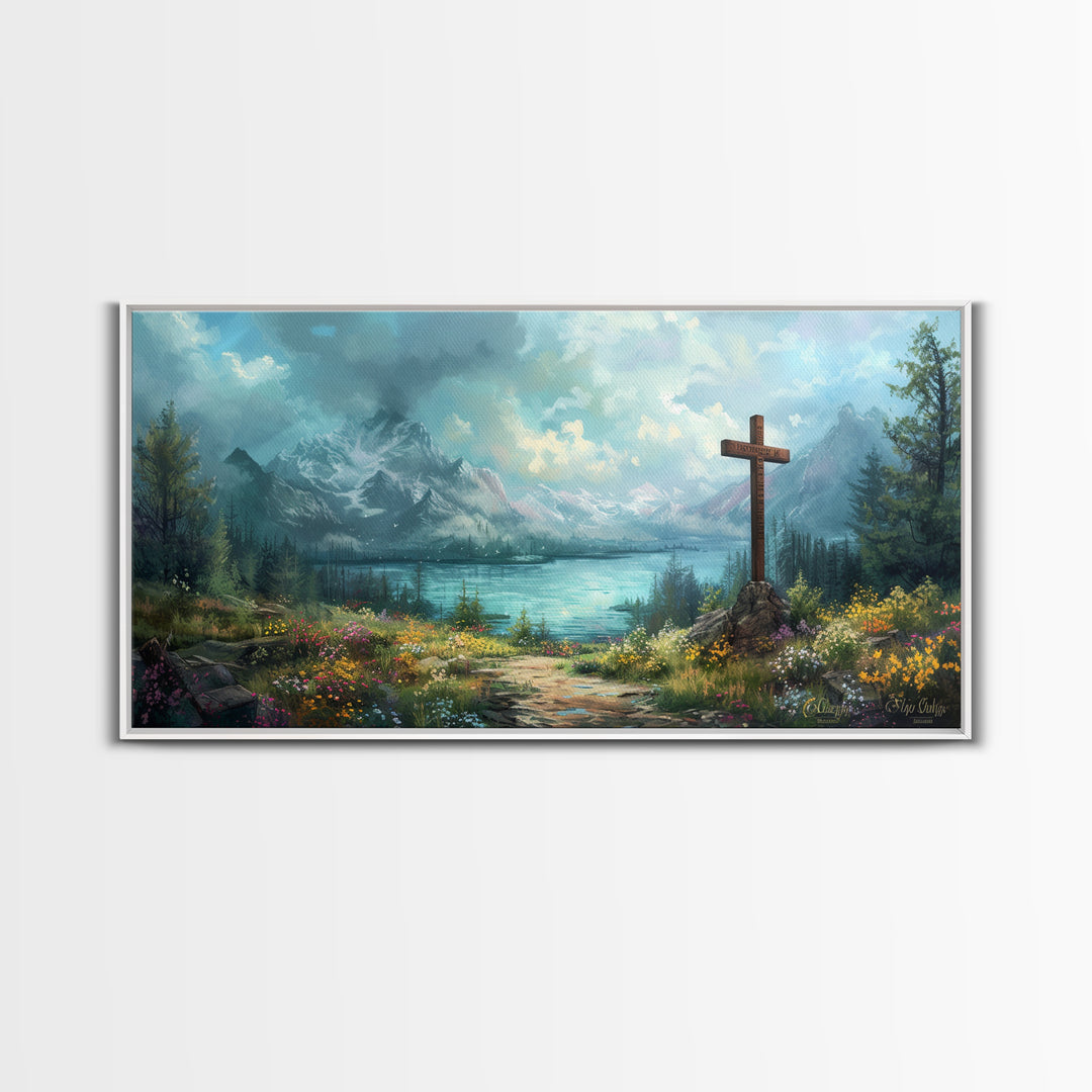 Cross In The Mountains Framed Canvas Print, Christian Faith Wall Art, Beautiful Landscape Painting